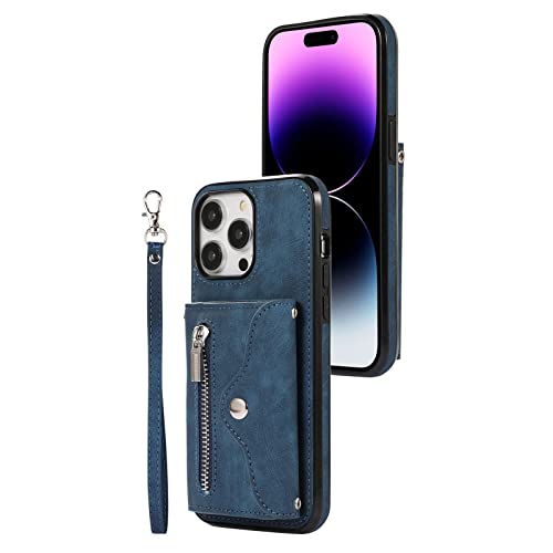 ZHSHJI Schutzhülle für iPhone 15/15 Pro/15 Pro Max/15 Plus, PU-Leder, Reißverschluss, Brieftaschenständer, mit Armband, Magnetverschluss, Schutzhülle (Blau, für iPhone15ProMax) von ZHSHJI