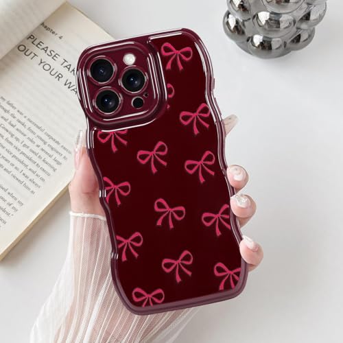 ZIYE Cute Bow Case for iPhone 16 Pro Ribbon Bowknot Aesthetic Prints, Curly Wave Frame Wavy Phone Case for Women Girls, Soft TPU Silicone Protective Cover for iPhone 16 Pro (Bow, Wine Red) von ZIYE