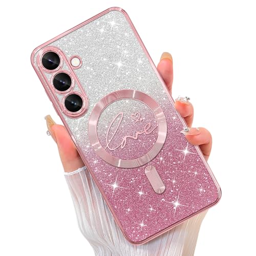 ZIYE Magnetische Schutzhülle für Samsung Galaxy S25 Plus, Glitzer-Hülle, luxuriöse Beschichtung, Liebesherz, kompatibel mit MagSafe, stoßfest, transparent, für Damen und Mädchen, Rosa von ZIYE