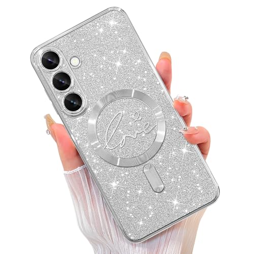 ZIYE Magnetische Schutzhülle für Samsung Galaxy S25 Plus, Glitzer-Hülle, luxuriöse Beschichtung, Liebesherz, kompatibel mit MagSafe, stoßfest, transparent, für Damen und Mädchen, silberfarben von ZIYE