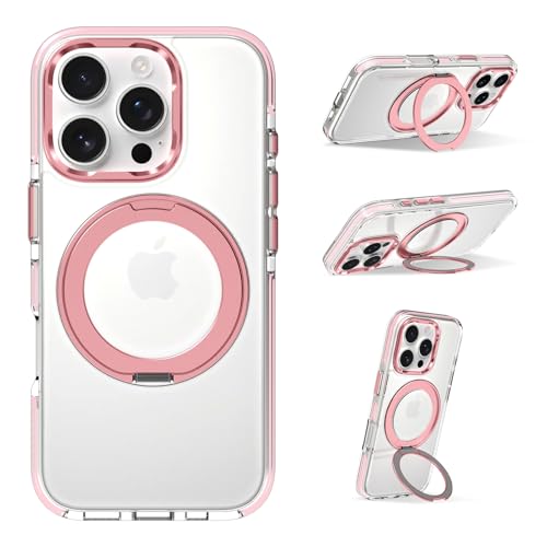 ZIYE Magnetische Schutzhülle für iPhone 16 Pro 6,3 Zoll [Kompatibel mit MagSafe] Hartes PC und weiches TPU, klare Hülle mit Ständer, kratzfest, stoßfest, Schutzhülle für Damen und Herren, Rosa von ZIYE