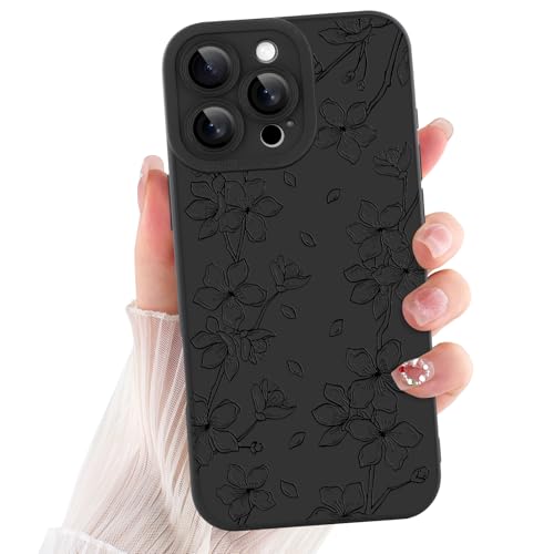 ZIYE Schwarze Schutzhülle für iPhone 16 Pro, süßes Blumenmuster, für Damen und Mädchen, weiches Silikon, Kameraschutzhülle, schlanke Hülle, entworfen für iPhone 16 Pro 6,3 Zoll, Pfirsichblüte von ZIYE