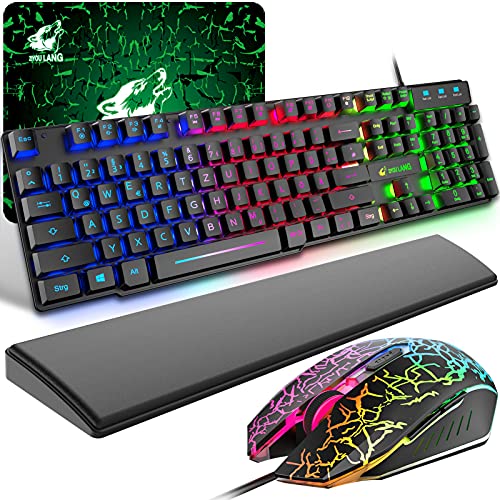 Gaming Tastatur und Maus mit Handballenauflage, QWERTZ Deutsches Layout Regenbogen LED Hintergrundbeleuchtung Ergonomische Keyboard 6 Tasten 2400 DPI Maus und Mauspad für Windows Mac PS4, Schwarz von ZIYOU LANG