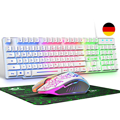 Kabelgebundene weiße Gaming-Tastatur mit Maus Deutsches Layout QWERTZ Kabelgebundene Tastatur LED-RGB-Hintergrundbeleuchtung 2400 DPI 6-Tasten-Maus Tastatur und Maus kompatibel mit PC PS5 PS4 Xbox von ZIYOU LANG