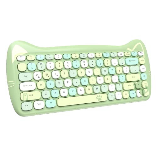 ZIYOU LANG 3060i Wireless Cute Computer Tastatur, Lovely Cat Retro Silent Slim Bluetooth Tastatur, Retro Schreibmaschine Runde Matte Textur Keycap, Kompakte 84-Tasten, QWERTY für PC Mac-Buntes Grün von ZIYOU LANG