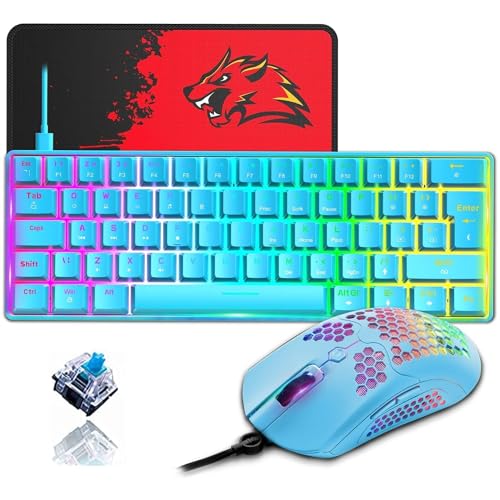 ZIYOU LANG 60% Kompaktes Mechanisches RGB-Gaming-Tastatur- Und Maus-Set – Mini-QWERTY-Layout, Abnehmbares USB-C-Kabel – 12000 DPI Waben-Programming Für PC -Blauer Mit Blauer Schalter von ZIYOU LANG