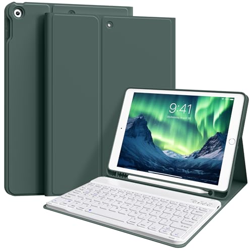 ZKTUYU Hülle mit Tastatur für iPad 9. Generation 2021/iPad 8. Generation 2020/iPad 7. Generation 2019, iPad 10,2 Zoll, Bluetooth Tastatur Folio mit Stifthalter, QWERTZ Layout, Dunkelgrün von ZKTUYU