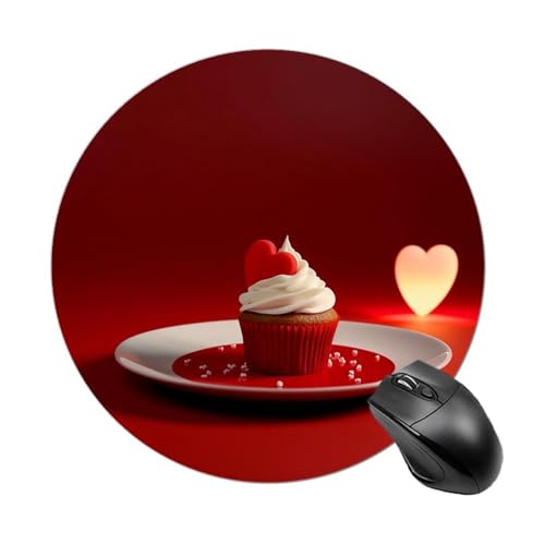 Rundes Gummi-Mauspad, Motiv: Cupcakes mit roten Herzen, bedrucktes Mauspad, wasserdicht, rutschfestes, tragbares Mauspad für Büro, Zuhause, Gaming, Laptop, Männer und Frauen von ZLFDSKGY