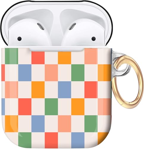 Kompatibel mit Airpod 1 und 2 Hülle, harte Schutzhülle mit Schlüsselanhänger, stilvolles Design, AirPod-Hülle, ideal für Frauen und Mädchen, kabelloses Laden unterstützt (Retro-Buntkariert) von ZLNYYWN