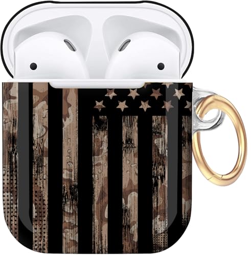 Kompatibel mit Airpod 1 und 2 Hülle, harte Schutzhülle mit Schlüsselanhänger, stilvolles Design, AirPod-Hülle, ideal für Frauen und Mädchen, kabelloses Laden unterstützt (amerikanische Flagge im von ZLNYYWN