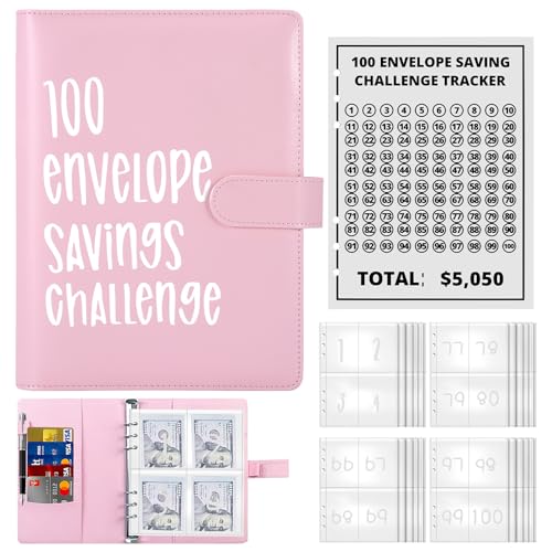 100 Envelope Challenge Binder - Saving Challenge Binder mit durchsichtigen Bargeldumschlägen, Budgetblättern und Etikettenaufklebern, Geldsparumschlag für Schule, Zuhause, Büro (Rosa) von ZONJIE