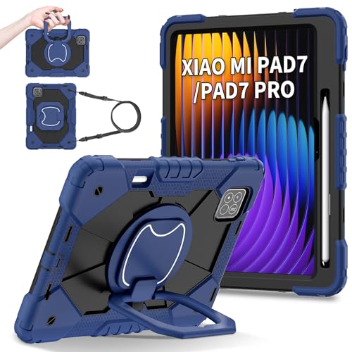 Schutzhülle für Xiaomi Mi Pad 7 / Mi Pad 7 Pro 2024, stoßfest, 360 Grad drehbarer Griff, Ständer, robuste Silikonhülle, Ständer und Schultergurt, Schwarz + Marineblau von ZORSOME