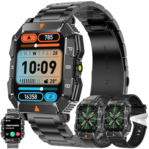 Smartwatch Herren mit Telefonfunktion, Taschenlampe, 1,83'' AMOLED 5ATM Fitnessuhr mit Schrittzähler Herzfrequenz SpO2, Schlafmonitor, 123 Sportmodi Uhr, Aktivitätstracker für Android iOS (Schwarz) von ZPIMY