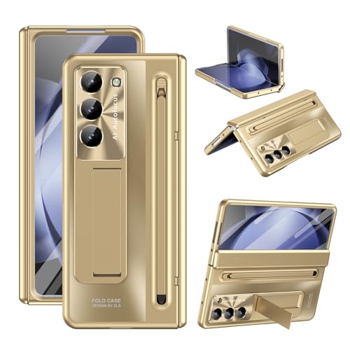 ZQYFCDZ kompatibel mit Samsung Galaxy Z Fold6 Schutzhülle, Scharnier- und Kameraschutz, eingebaute gehärtete Folie, Stifthalter, Halterfunktion, Anti-Fingerabdruck-Technologie, PC-Material, Gold von ZQYFCDZ