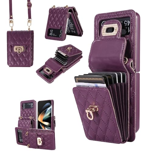 Crossbody-Brieftaschenhülle für Samsung Z Flip 3 Z Flip 4 Z Flip 5 Metall-Druckknopf-Leder-Kartenhalter Lanyard-Telefonabdeckung, Dunkelviolett, Für Z Flip 4 von ZSUFCBF