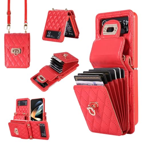 Crossbody-Brieftaschenhülle für Samsung Z Flip 3 Z Flip 4 Z Flip 5 Metalldruckknopf Leder Kartenhalter Lanyard Telefonabdeckung, rot, für Z Flip 3 von ZSUFCBF