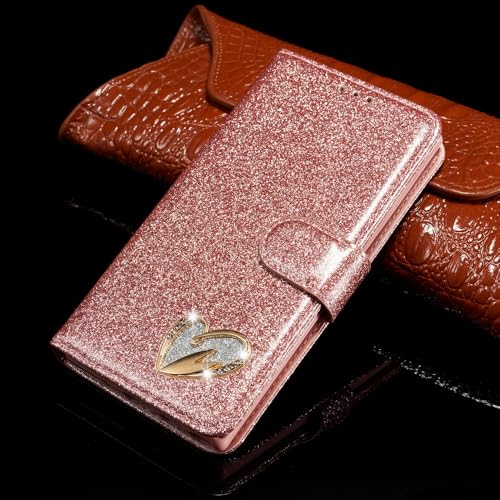 ZSUFCBF Flip Bling Handyhülle für Samsung S23 S24 Ultra S22 Plus S21 FE A54 A14 A53 A52 A72 Glitzer Leder Geldbörse Stand Cover, Roségold, Für S20 Ultra von ZSUFCBF