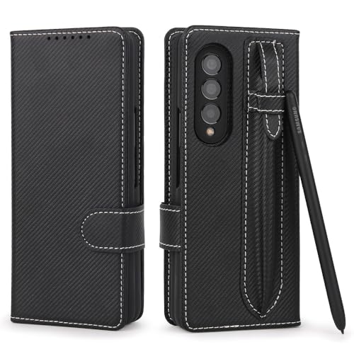 ZSUFCBF Magnetische Lederhülle für Samsung Galaxy Z Fold 5 4 3 Fold4 Fold5 mit Stifthalter, Kartensteckplatz, Brieftasche, stoßfeste Telefonabdeckung ohne Stift, Schwarz, für Z Fold 3 von ZSUFCBF