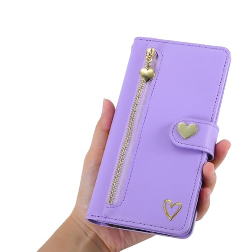 ZSUFCBF Reißverschlusskarten-Geldbörse aus Leder für iPhone 15 Pro Max 14 Plus 13 12 11 XR X XS 6S 7 8 SE 2022 Love Heart Book Purse Cover, Lila, Für iPhone 14ProMax von ZSUFCBF