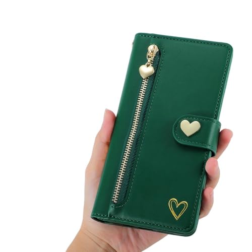 ZSUFCBF Reißverschlusskarten-Geldbörse aus Leder für iPhone 15 Pro Max 14 Plus 13 12 11 XR X XS 6S 7 8 SE 2022 Love Heart Book Purse Cover, grün, für iPhone 15 von ZSUFCBF