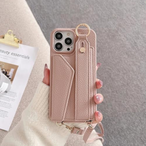 ZSUFCBF Ring Crossbody Handgelenksgurt Brieftasche Lederhülle für iPhone 15 14 13 12 11 Pro Max Handyhülle mit Kartensteckplatzhalter Lanyard, Pink, Für iPhone 12Pro Max von ZSUFCBF