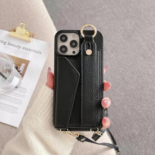 ZSUFCBF Ring Crossbody Handgelenksgurt Brieftasche Lederhülle für iPhone 15 14 13 12 11 Pro Max Handyhülle mit Kartensteckplatzhalter Lanyard,Schwarz,Für iPhone 15 Plus von ZSUFCBF