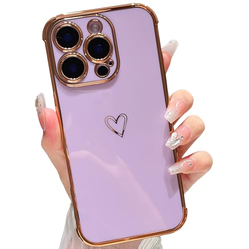 ZTOFERA Handyhülle Kompatibel mit iPhone 16 Pro Max Hülle für Mädchen Frauen, Flexibel Silikon Schutzhülle mit Liebe Herz Muster Goldener Rand Stoßfest Bumper Cover, Lila von ZTOFERA