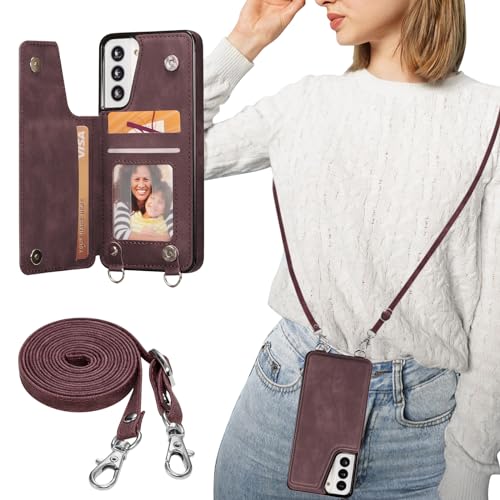 ZTOFERA Handyhülle mit Band Kette für Samsung Galaxy S22, Matt Weiche Rückseite Hülle mit Kartenfach Kordel Schnur Umhängeband, Premium PU Leder + TPU Schutzhülle Lanyard Case, Weinrot von ZTOFERA