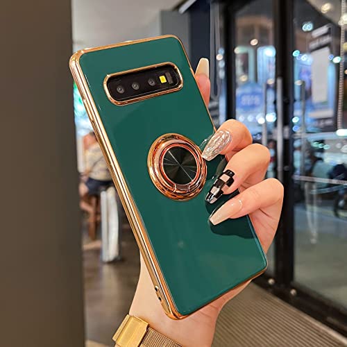 ZTOFERA Handyhülle mit Ringhalter für Samsung Galaxy S10 (nicht für S10 Plus), Weiche Flexibel Silikon Hülle mit 360 Grad Ring Ständer Goldener Rand Dünn Schutzhülle Stoßfest Bumper Cover, Dunkelgrün von ZTOFERA