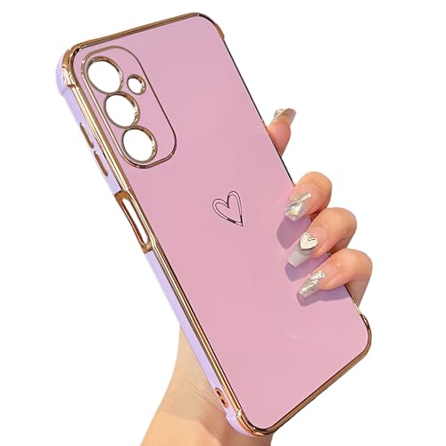 ZTOFERA Hülle Kompatibel mit Samsung Galaxy A15 5G, Handyhülle für Samsung A15 4G, Mädchen Silikon Schutzhülle mit Herz Muster Goldener Rand Weiche Stoßfest Bumper Cover, Lila von ZTOFERA