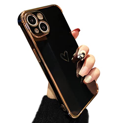 ZTOFERA Hülle Kompatibel mit iPhone 14 Handyhülle für Mädchen Frauen, Flexibel Weiche Silikon Schutzhülle mit Liebe Herz Muster Goldener Rand Stoßfest Bumper Cover für iPhone 14, Schwarz von ZTOFERA