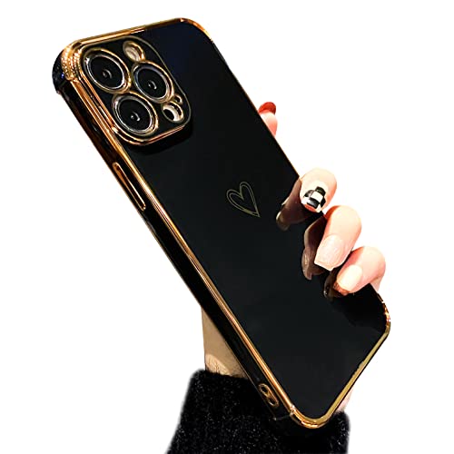 ZTOFERA Hülle Kompatibel mit iPhone 14 Pro Handyhülle für Mädchen Frauen, Flexibel Weiche Silikon Schutzhülle mit Liebe Herz Muster Goldener Rand Stoßfest Bumper Cover für iPhone 14 Pro, Schwarz von ZTOFERA