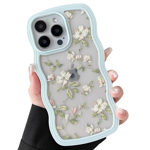 ZTOFERA Hülle für iPhone 16 Pro, Klar Schutzhülle mit Blumen Blatt Muster, Harte PC Buntes Niedliche Lockige Wellen Rahmenform Weiche Silikon Hülle Stoßfest Bumper Cover, Mintgrün von ZTOFERA