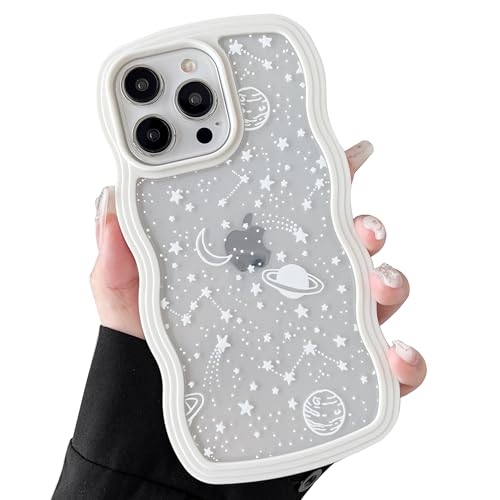 ZTOFERA Hülle für iPhone 16 Pro, Klar Schutzhülle mit Planeten Sterne Mond Muster, Harte PC Buntes Niedliche Lockige Wellen Rahmenform Weiche Silikon Hülle Stoßfest Bumper Cover, Creme von ZTOFERA