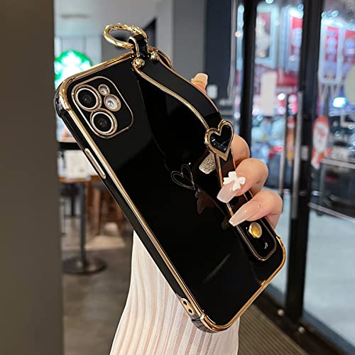 ZTOFERA Kompatibel mit iPhone 11 Hülle mit Ständer Armband, Flexible Weiche Silikon Handyhülle mit Herz Muster Goldener Rand Handschlaufe Fingerhalter Schutzhülle Stoßfest Cover, Schwarz von ZTOFERA