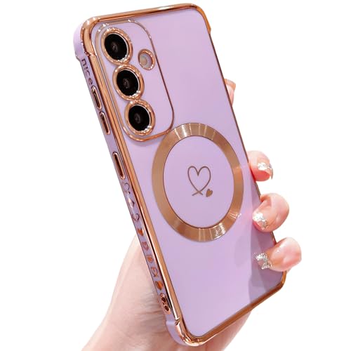 ZTOFERA Magnetische Hülle für Samsung Galaxy S24 Plus 5G, Kompatibel mit MagSafe Handyhülle Flexibel Weiche Silikon Schutzhülle mit Süßes Liebes Herz Muster Goldener Rand Stoßfest Cover, Lila von ZTOFERA