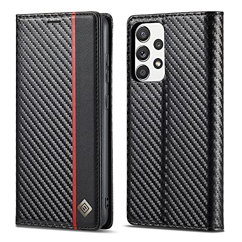 ZTOFERA Schutzhülle für Samsung Galaxy A52 4G/5G & A52s 5G, PU Leder Hülle Wallet Case Carbon Fiber Klapphülle Flip Cover mit Kartenhalter Magnetverschluss Stoßfest Handytasche, Vertikale Rote Linie von ZTOFERA