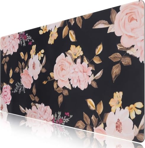 Gaming Mauspad Schwarze Rosa Rosen Große Mouse Pad XXL Schreibtisch Pad Weiche Glatt Oberfläche und Anti Rutsch Gummi Basis Verbessert Präzision und Geschwindigkei für Zuhause Büro 700x300x3mm von ZUNNNANN