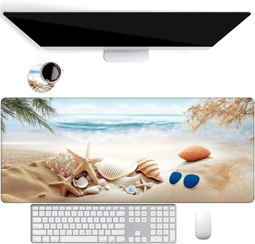 Mauspad XXL Erweiterte Große Mouse Mat Gaming Schreibtischunterlage 1200x600x2mm Tastatur Matte mit Rutschfeste Gummibasis und Vernähte Kanten für Zuhause Büro Gaming (Strand Seestern Muscheln) von ZUNNNANN