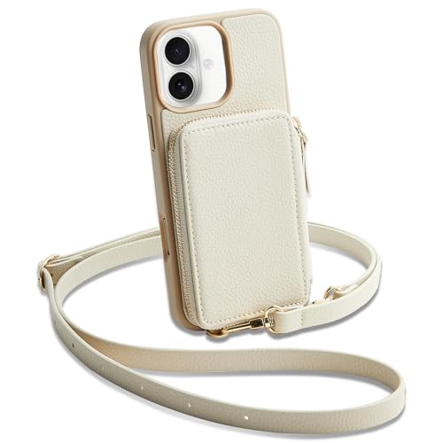 ZVE Kompatibel mit iPhone 16 Plus Hülle, RFID-blockierend, Crossbody-Ledertasche mit Kartenhalter für iPhone 16 Plus 6,7 Zoll, Beige von ZVE