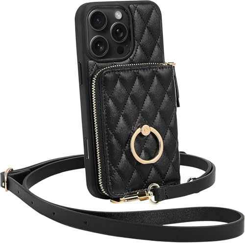 ZVE Schutzhülle für iPhone 16 Pro Max für Damen, Crossbody-Tasche mit Handschlaufe, Schutzhülle aus Leder mit Ringhalter, Flip-Cover, 17,5 cm, Schwarz von ZVE