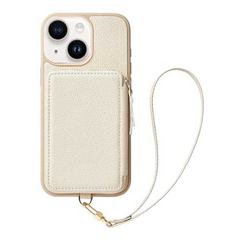 ZVE Wallet Case Kompatibel mit iPhone 13 6.1 Zoll, Zipper Case mit RFID Kreditkartenfach Schlitz Handgelenkschlaufe Handtasche Schutzhülle Leder Cover Kompatibel mit iPhone 13 6.1 Zoll 5G (2021),Beige von ZVE