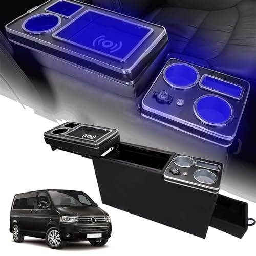 Mittelkonsole Ersatz für T4 T5 T6 T6.1 T7, Upgrade Universal Armlehne Aufbewahrungsbox mit Ablagen Staufach USB Ladeanschlüssen und LED Leuchten, Mit kabelloser Ladefunktion von ZWPARTS