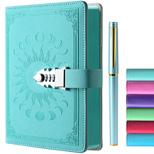 ZXHQ Tagebuch mit Schloss - A5 Notizbuch mit Stift Set, Nachfüllbares Leder Journal mit Buntem Seitenrand für Mädchen, Frauen, Männer und Jugendliche A5 Größe (21x15cm) Grasgrün von ZXHQ