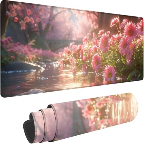 Mousepad xxl 1500x800 mm, Rosa Mauspad Blumen Großes Mauspad Gaming mit Motiv, Rutschfeste Genähte Kante, Tischunterlage Large Size, Verbessert Präzision und Geschwindigkeit, Wasserdicht Mouse Pad 6-7 von ZXYETTBD