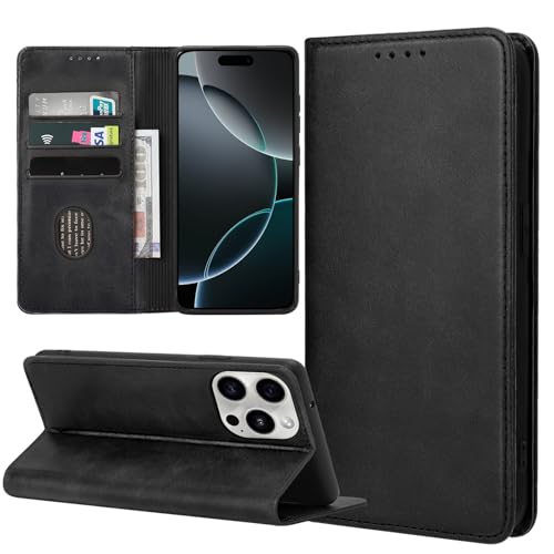 ZYIMOU Handyhülle für iPhone 16 Pro Hülle, Leder Schutzhülle Standfunktion Kartenfach Wallet Klapphülle iPhone 16 Pro Flip Case Cover, Schwarz von ZYIMOU