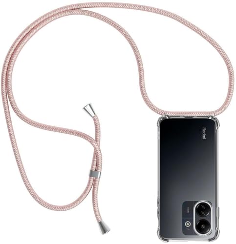 ZYIMOU für Xiaomi Poco C65 / Xiaomi Redmi 13C Hülle mit Band, Handyhülle Redmi 13C Handykette Hülle mit Kette Schutzhülle Kordel zum Umhängen Transparent Weich TPU Silikon Bumper, Rosé Gold von ZYIMOU