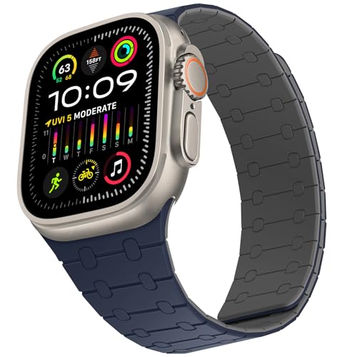 ZZDZZ Kompatibel mit Apple Watch Armband 49mm 45mm 44mm 42mm 41mm 40mm 38mm, Silikon Magnetische Ersatzarmband für iWatch Ultra 2/Ultra Series 9 8 7 SE 6 5 4 3 2 1 (42/44/45/49, Dunkelblau Grau) von ZZDZZ