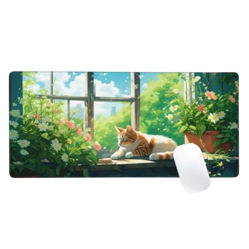 Gaming Mauspad Fenster Motiv, 900x400mm XXL Mousepad Katze Mauspad, Anti-Rutsch Gaming Mouse Pad, Verbessert Präzision und Geschwindigkeit, Genähte Kanten Haltbarkeit Für Office, PC, Desk Mat Z2-266 von Zaafeen