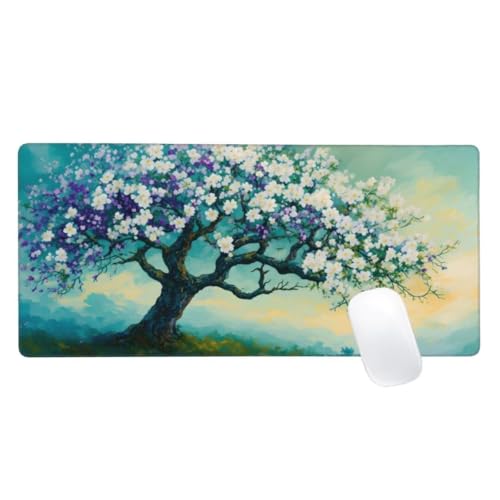 Gaming Mauspad Hellblau Motiv, 1200x600mm XXL Mousepad Baum Mauspad, Anti-Rutsch Gaming Mouse Pad, Verbessert Präzision und Geschwindigkeit, Genähte Kanten Haltbarkeit Für Office, PC, Desk Mat Z2-198 von Zaafeen